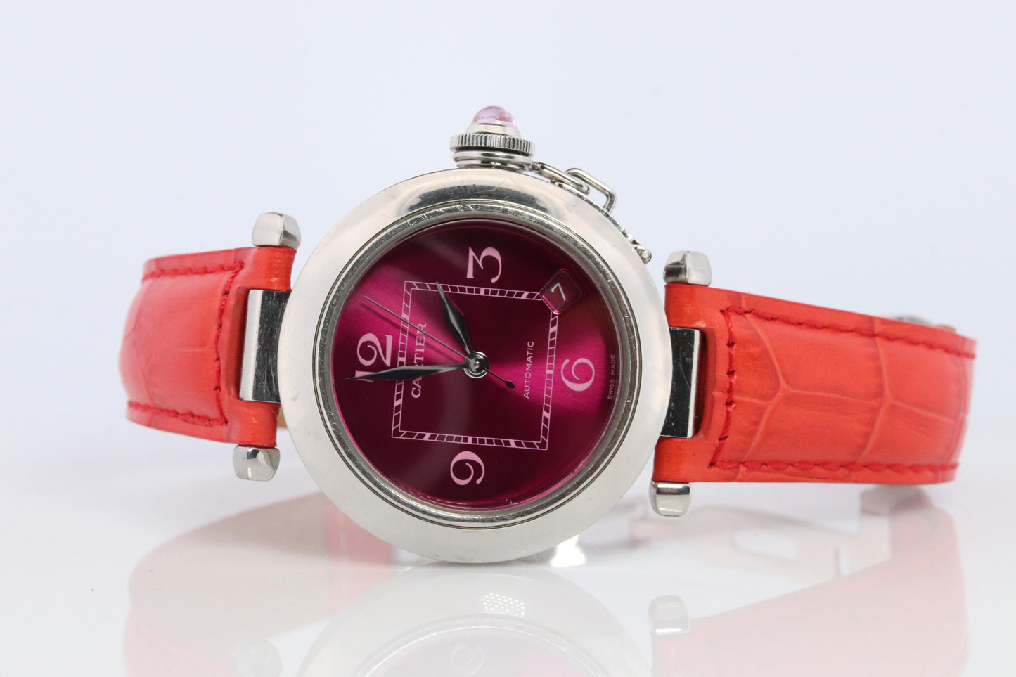 Vintage Cartier PASHA C Automatic 2324. Rare RED Cherry Bordeaux Dial.