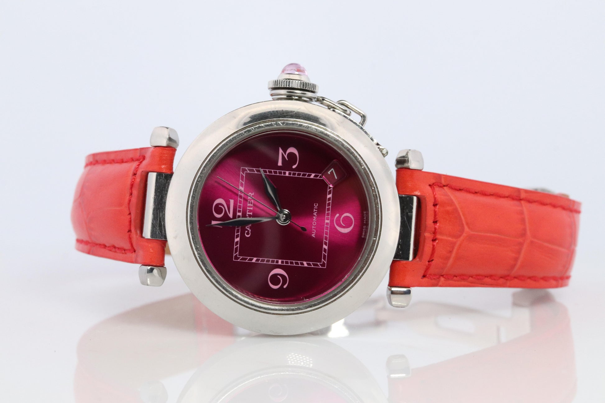 Vintage Cartier PASHA C Automatic 2324. Rare RED Cherry Bordeaux Dial.