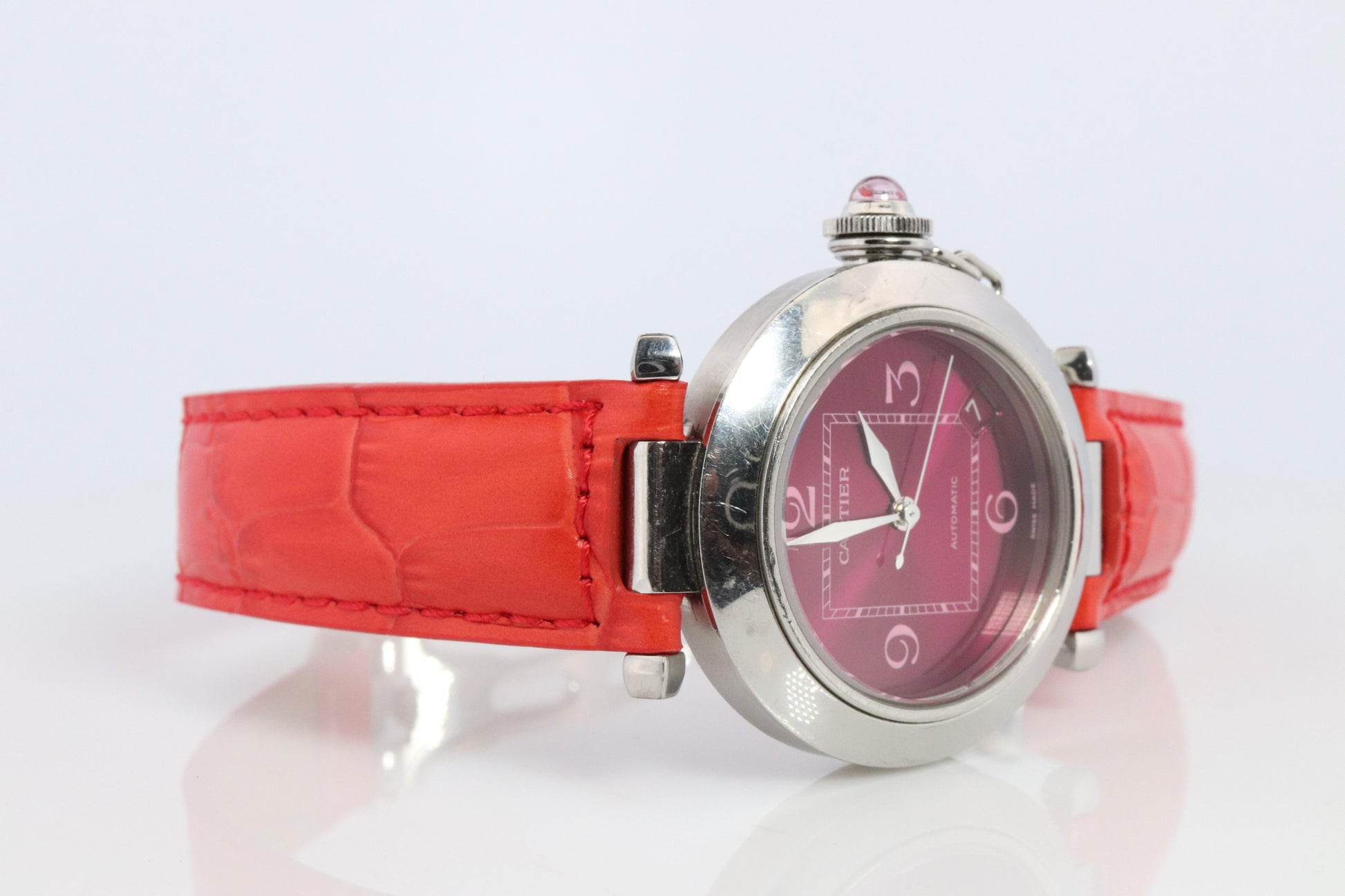 Vintage Cartier PASHA C Automatic 2324. Rare RED Cherry Bordeaux Dial.
