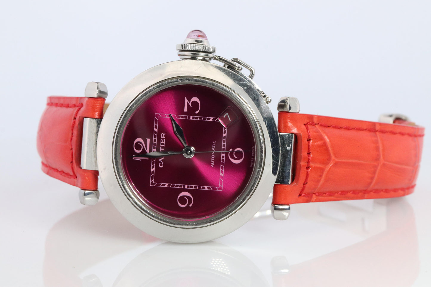 Vintage Cartier PASHA C Automatic 2324. Rare RED Cherry Bordeaux Dial.