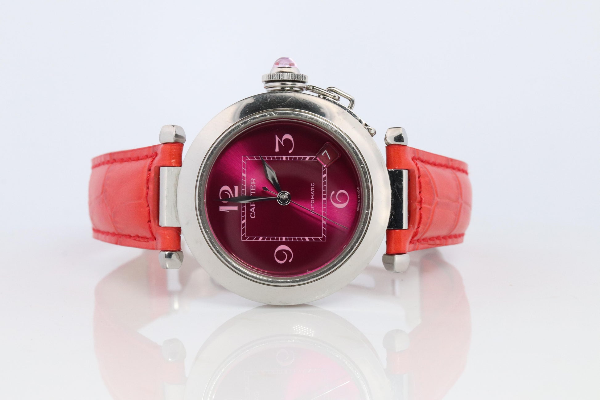 Vintage Cartier PASHA C Automatic 2324. Rare RED Cherry Bordeaux Dial.