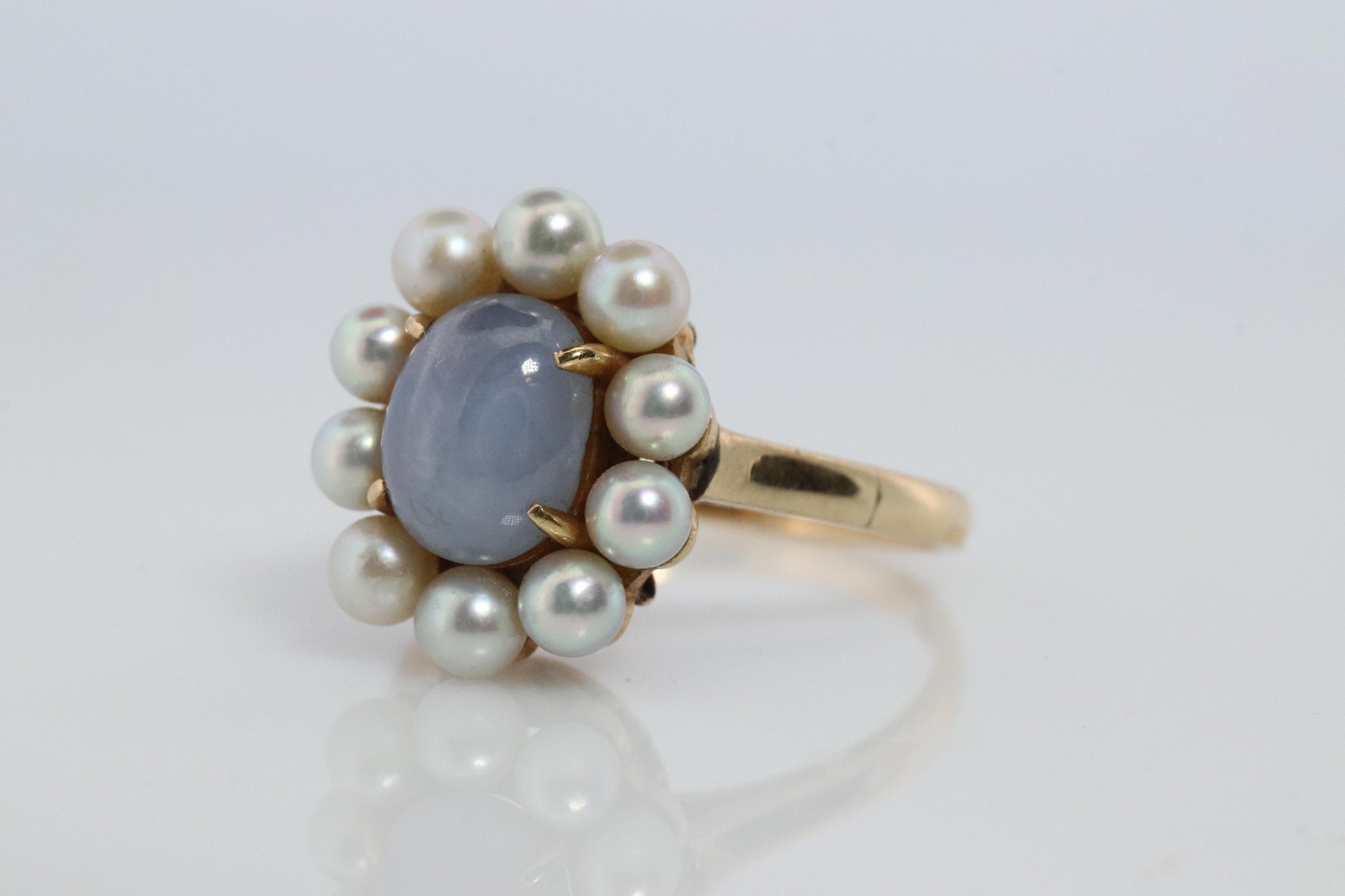 Mikimoto Star Sapphire Pearl Ring. 14k Mikimoto Sapphire Pearl Halo.