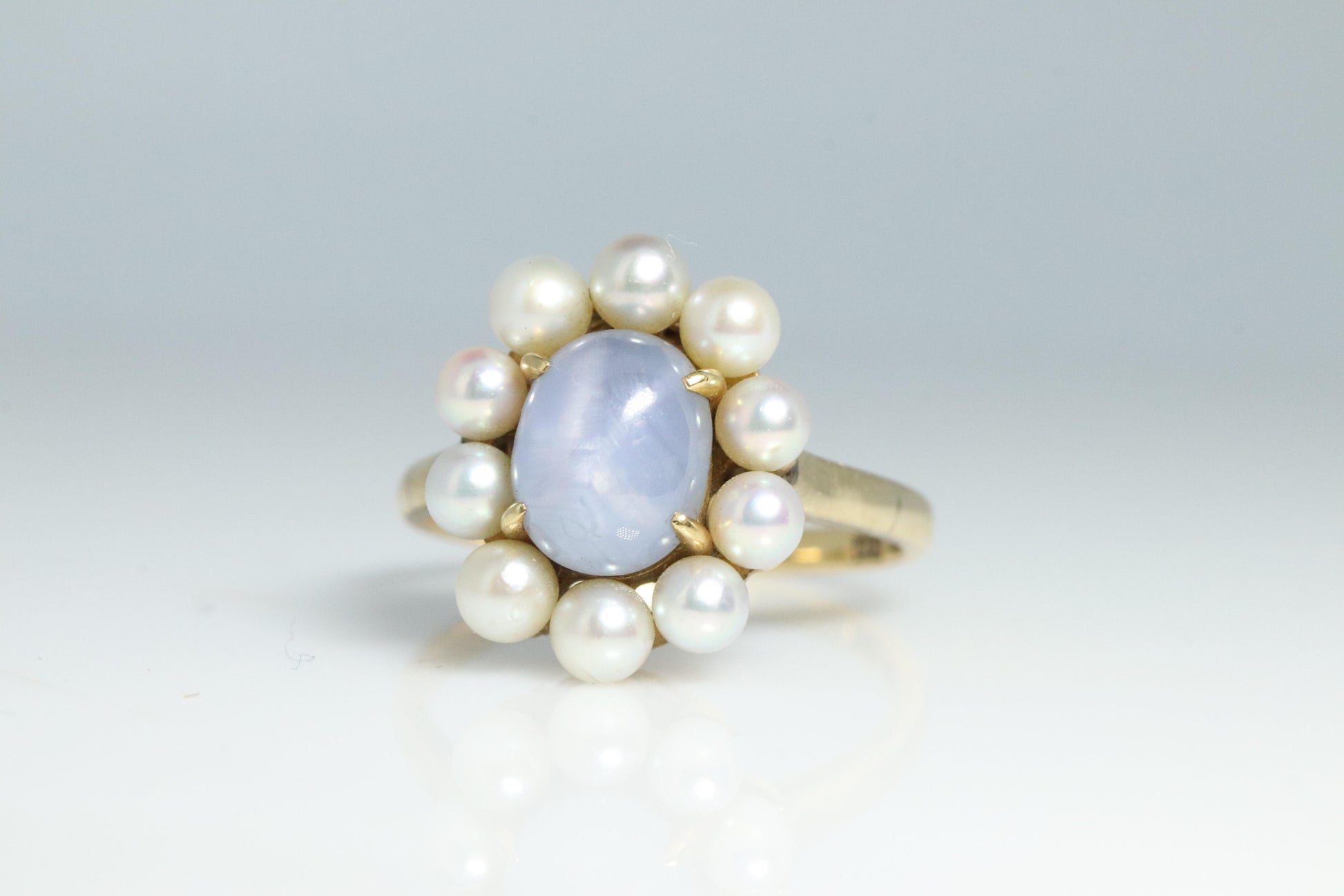 Mikimoto Star Sapphire Pearl Ring. 14k Mikimoto Sapphire Pearl Halo.