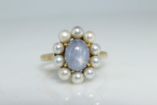Mikimoto Star Sapphire Pearl Ring. 14k Mikimoto Sapphire Pearl Halo.