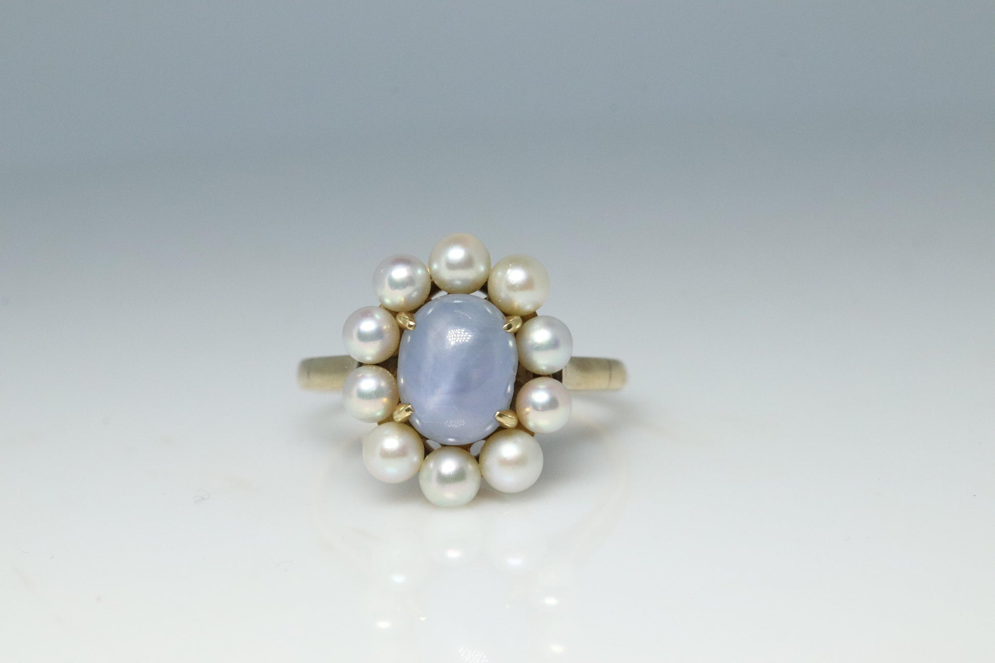 Mikimoto Star Sapphire Pearl Ring. 14k Mikimoto Sapphire Pearl Halo.
