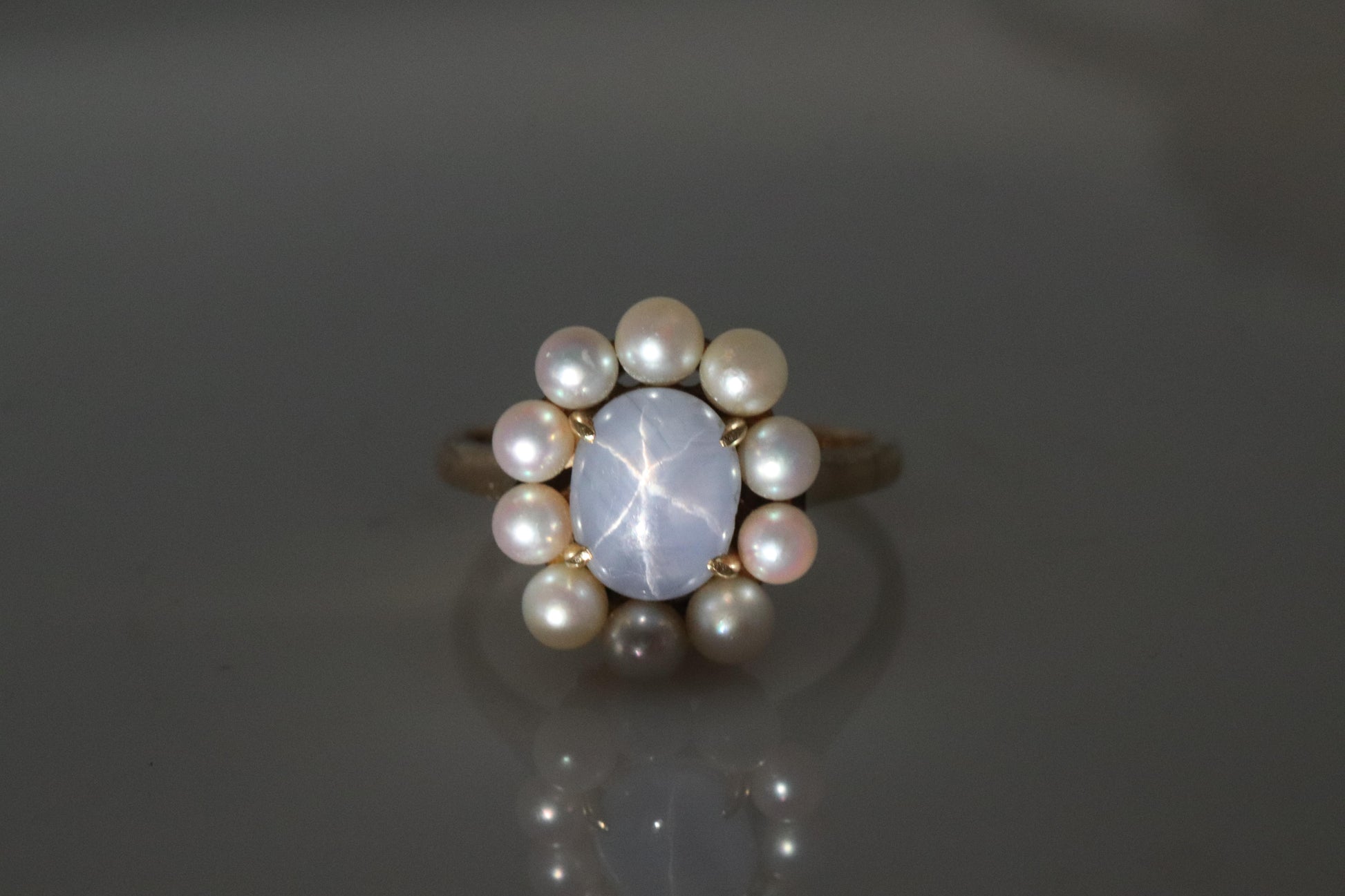 Mikimoto Star Sapphire Pearl Ring. 14k Mikimoto Sapphire Pearl Halo.