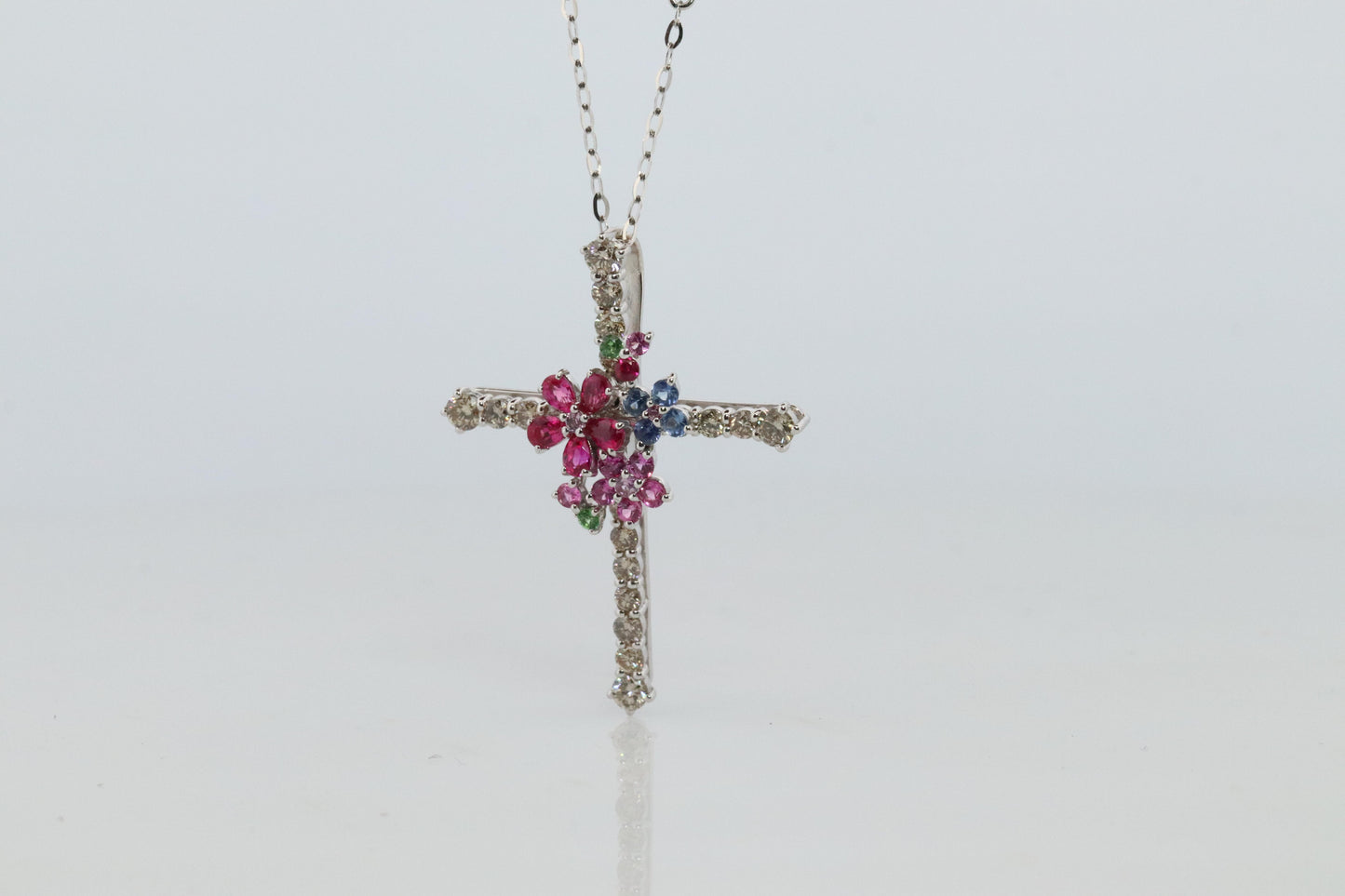 18k Diamond Sapphire Flower Crucifix Pendant. 18k WG Multicolor Cross Necklace.