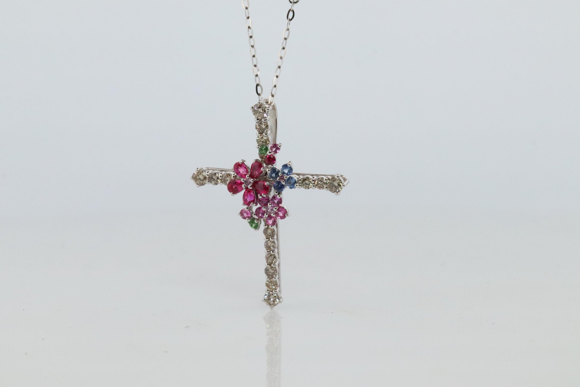 18k Diamond Sapphire Flower Crucifix Pendant. 18k WG Multicolor Cross Necklace.