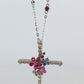 18k Diamond Sapphire Flower Crucifix Pendant. 18k WG Multicolor Cross Necklace.