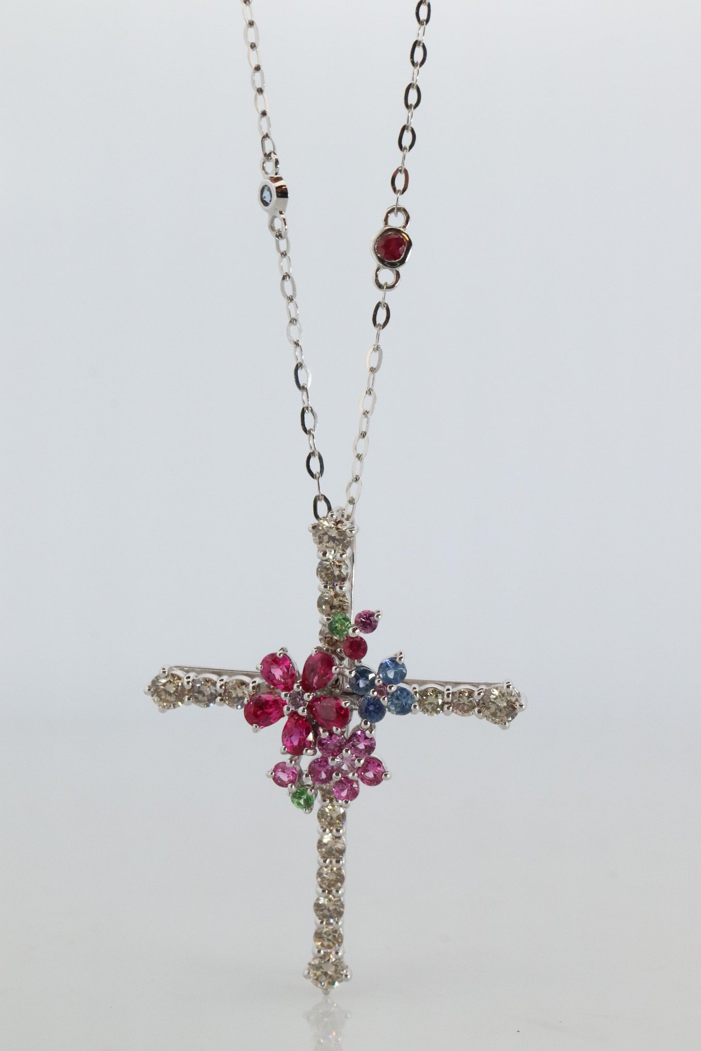 18k Diamond Sapphire Flower Crucifix Pendant. 18k WG Multicolor Cross Necklace.