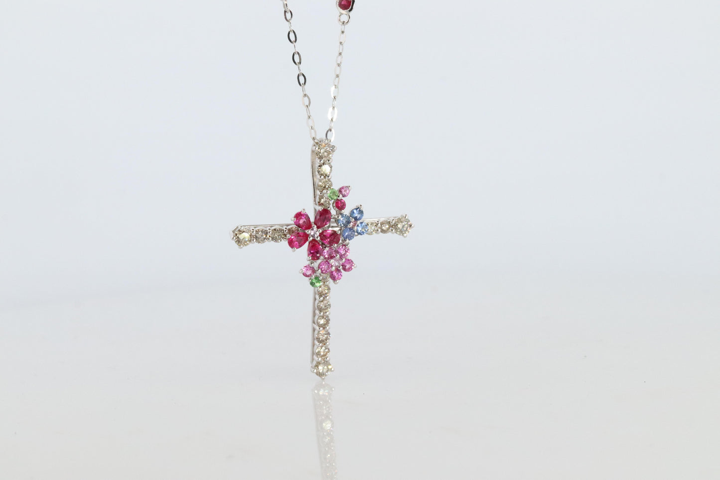 18k Diamond Sapphire Flower Crucifix Pendant. 18k WG Multicolor Cross Necklace.
