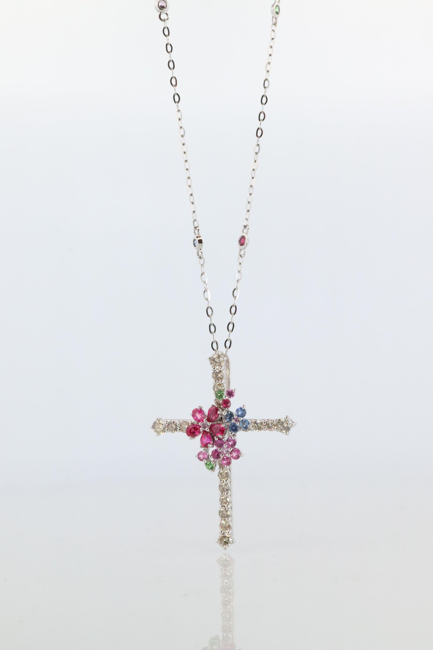 18k Diamond Sapphire Flower Crucifix Pendant. 18k WG Multicolor Cross Necklace.
