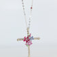 18k Diamond Sapphire Flower Crucifix Pendant. 18k WG Multicolor Cross Necklace.