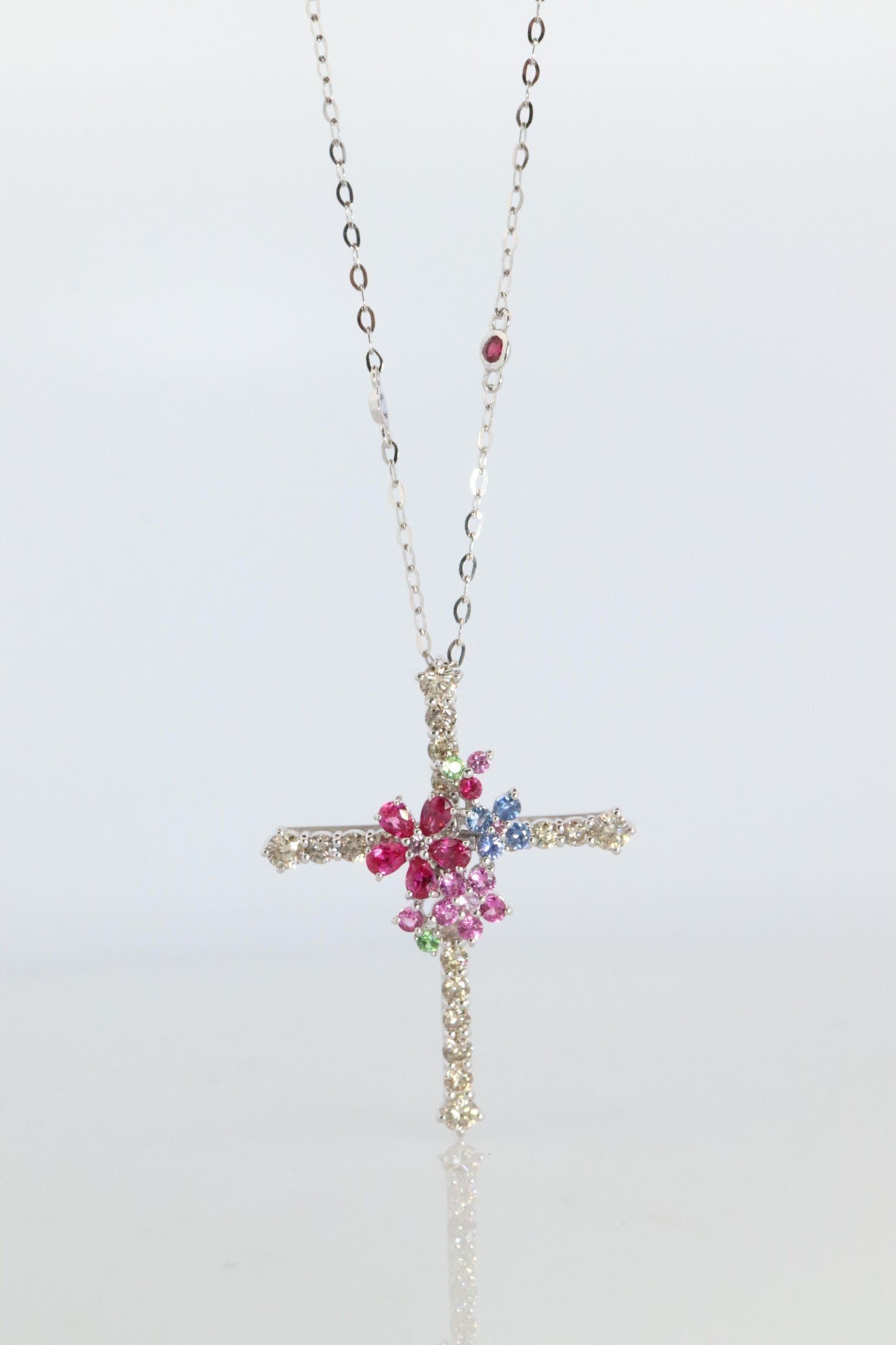 18k Diamond Sapphire Flower Crucifix Pendant. 18k WG Multicolor Cross Necklace.