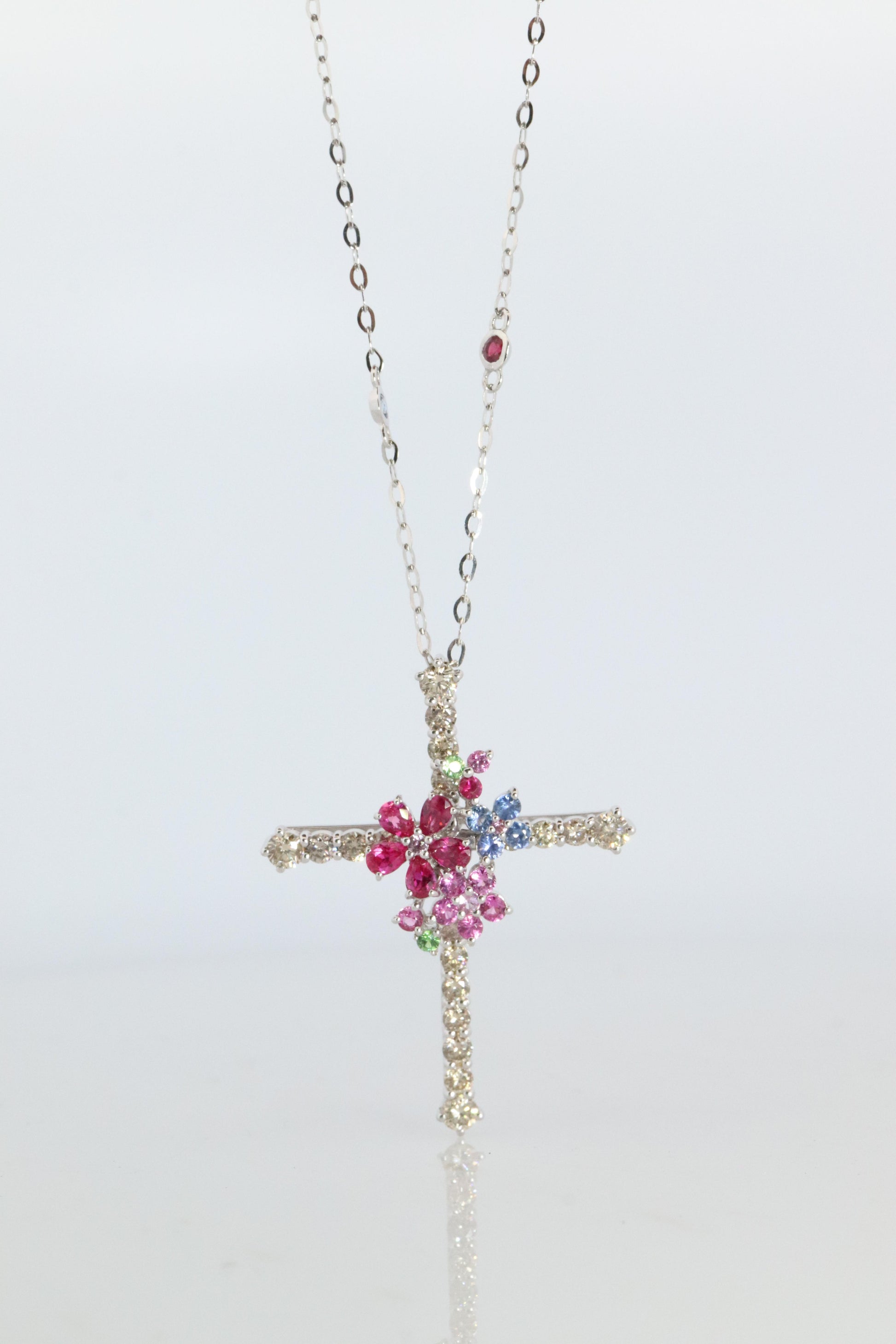 18k Diamond Sapphire Flower Crucifix Pendant. 18k WG Multicolor Cross Necklace.