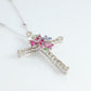18k Diamond Sapphire Flower Crucifix Pendant. 18k WG Multicolor Cross Necklace.