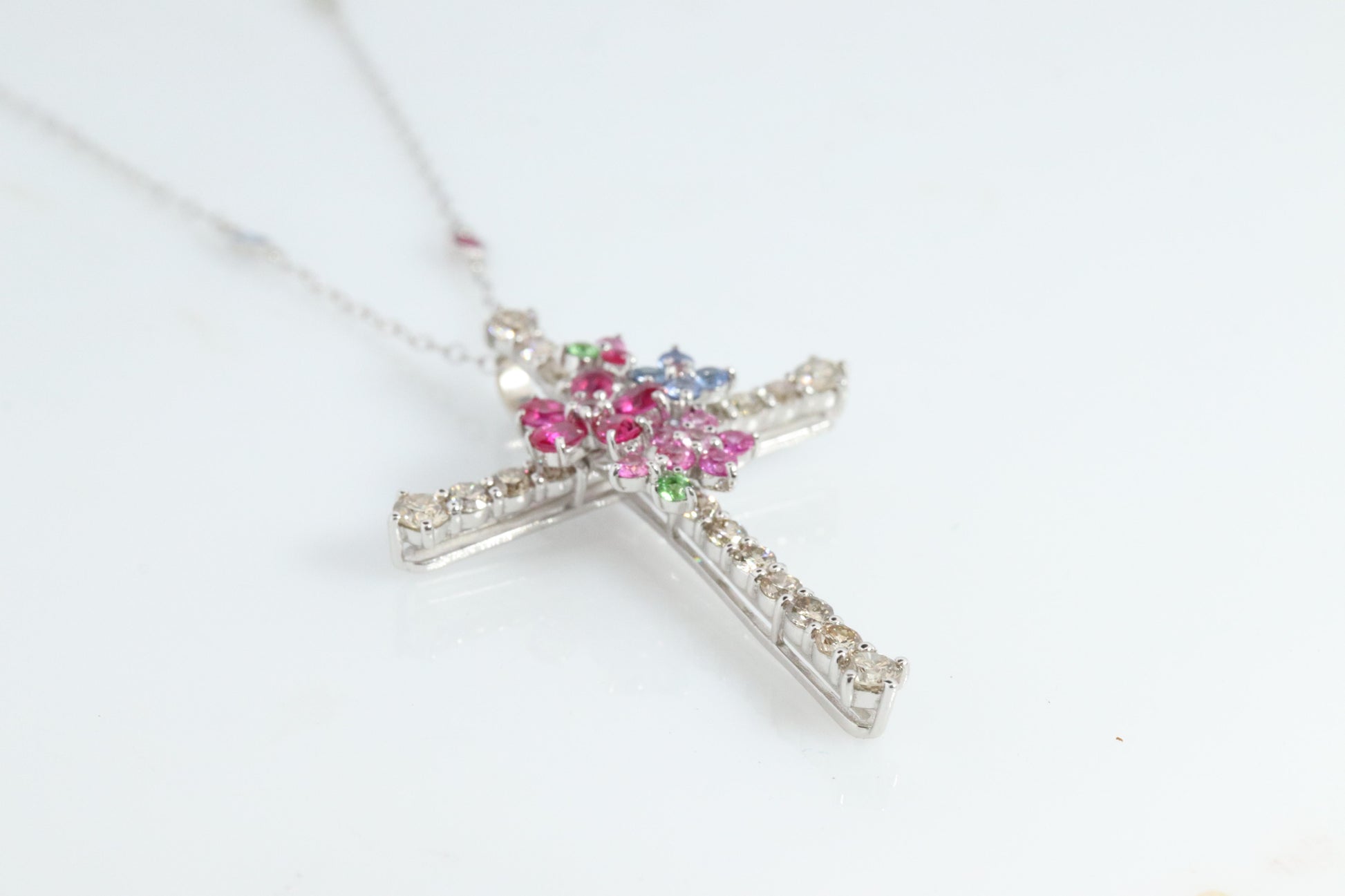 18k Diamond Sapphire Flower Crucifix Pendant. 18k WG Multicolor Cross Necklace.