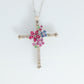 18k Diamond Sapphire Flower Crucifix Pendant. 18k WG Multicolor Cross Necklace.