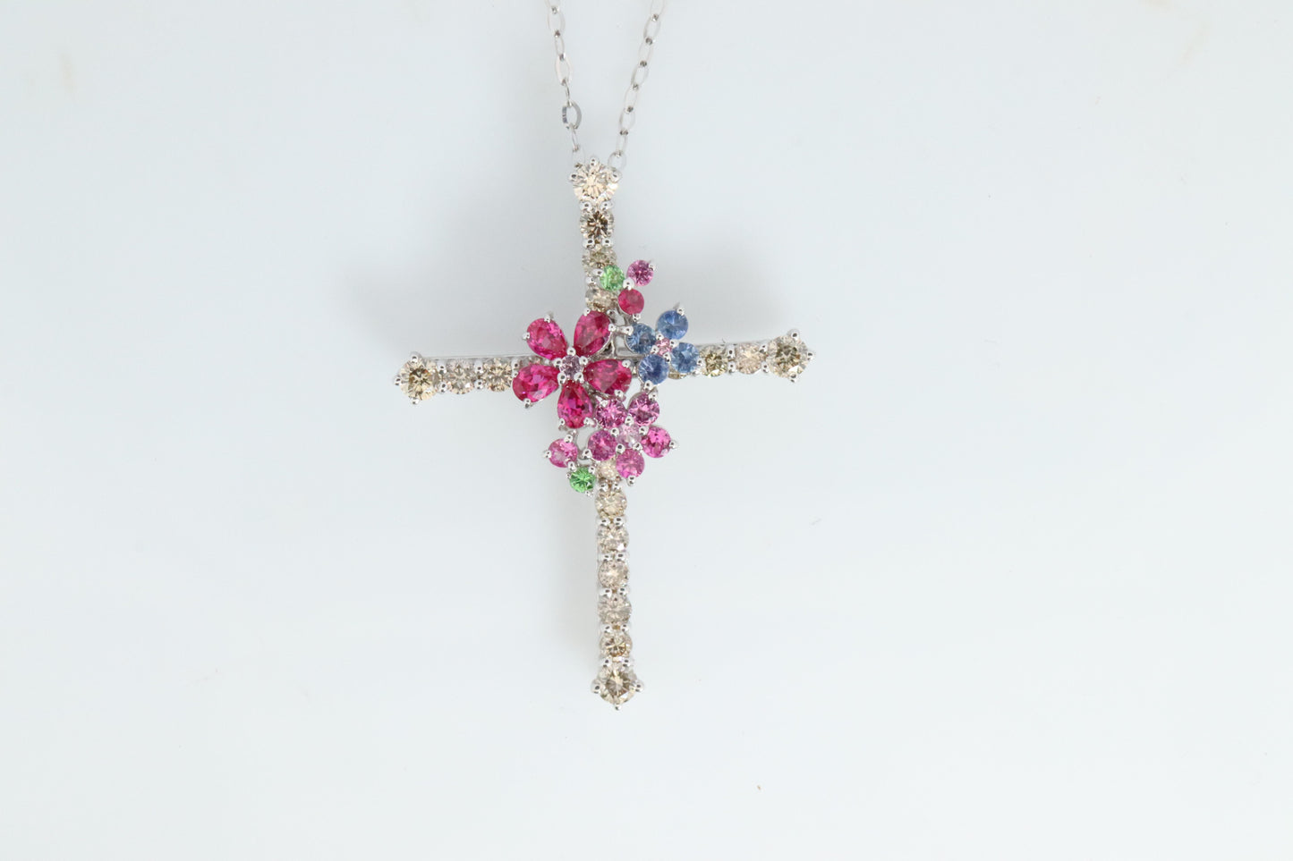 18k Diamond Sapphire Flower Crucifix Pendant. 18k WG Multicolor Cross Necklace.