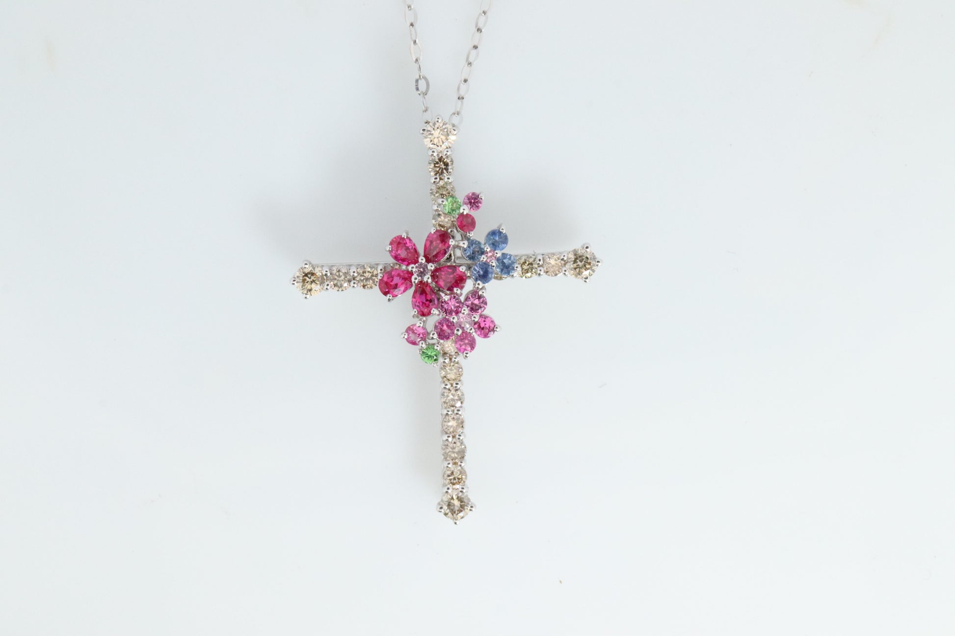18k Diamond Sapphire Flower Crucifix Pendant. 18k WG Multicolor Cross Necklace.
