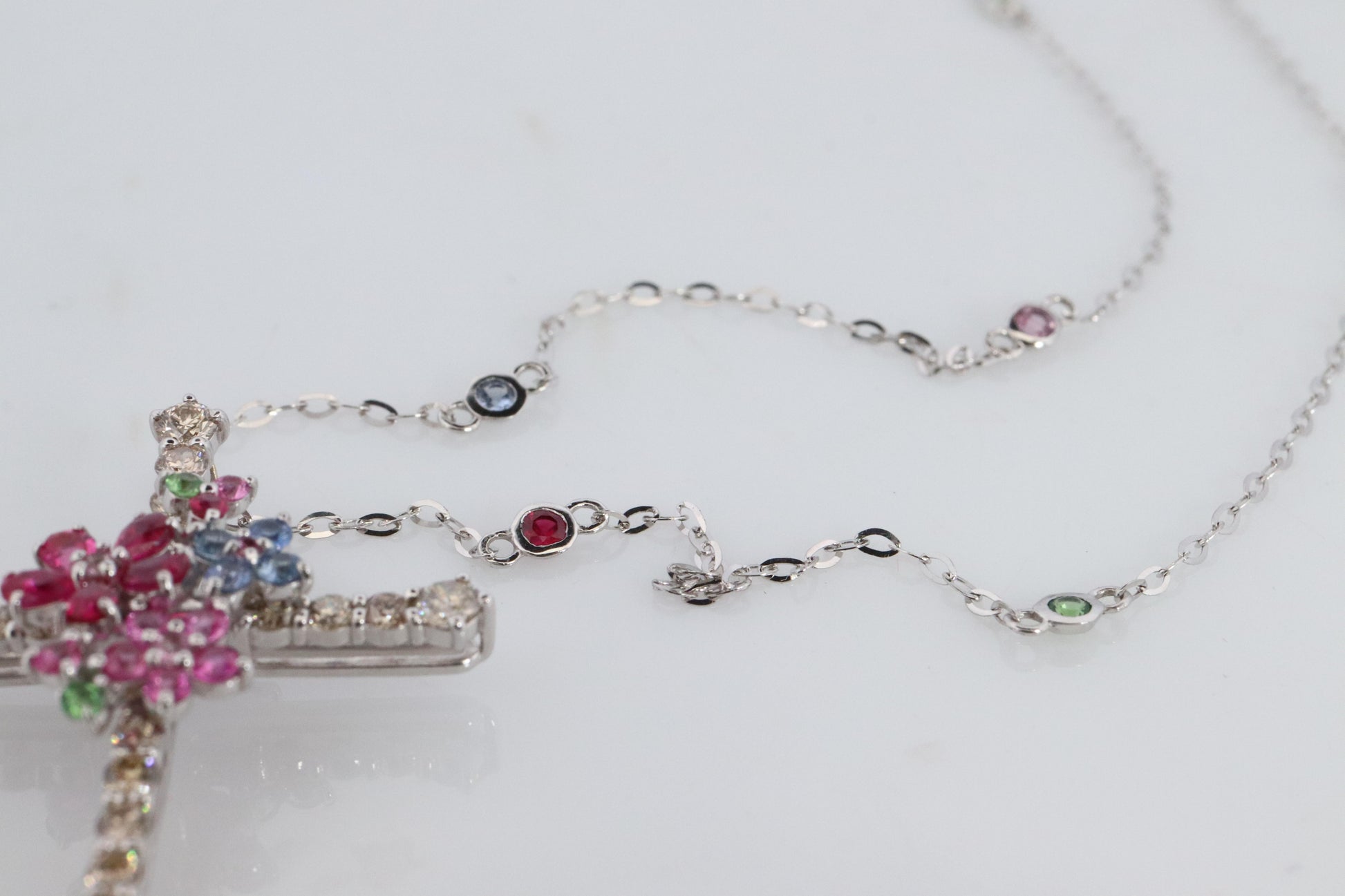 18k Diamond Sapphire Flower Crucifix Pendant. 18k WG Multicolor Cross Necklace.