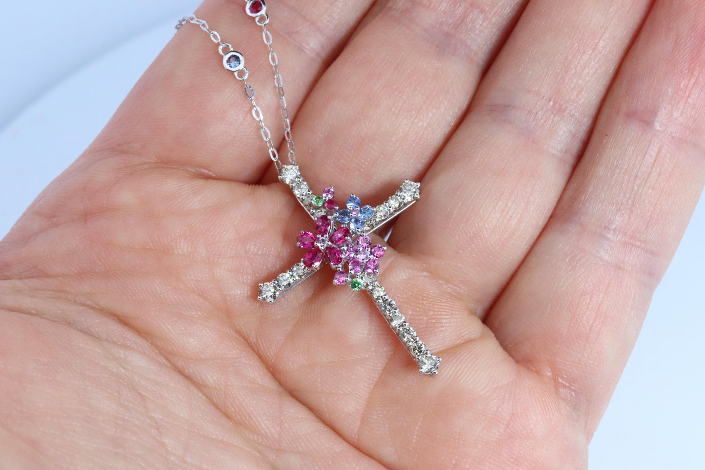 18k Diamond Sapphire Flower Crucifix Pendant. 18k WG Multicolor Cross Necklace.
