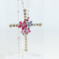 18k Diamond Sapphire Flower Crucifix Pendant. 18k WG Multicolor Cross Necklace.