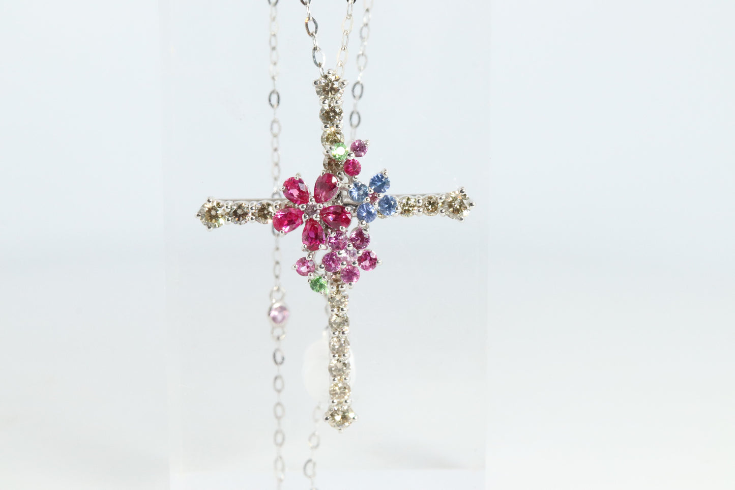 18k Diamond Sapphire Flower Crucifix Pendant. 18k WG Multicolor Cross Necklace.