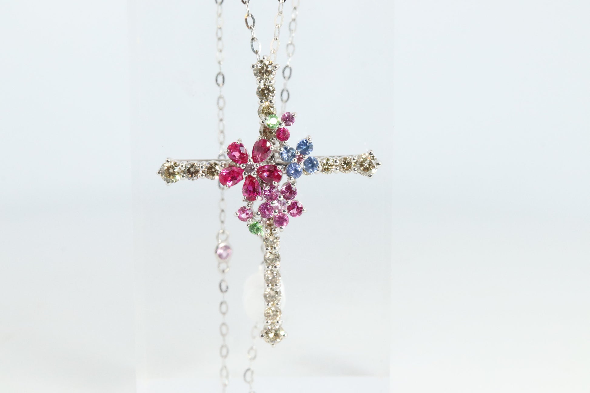 18k Diamond Sapphire Flower Crucifix Pendant. 18k WG Multicolor Cross Necklace.