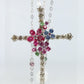 18k Diamond Sapphire Flower Crucifix Pendant. 18k WG Multicolor Cross Necklace.