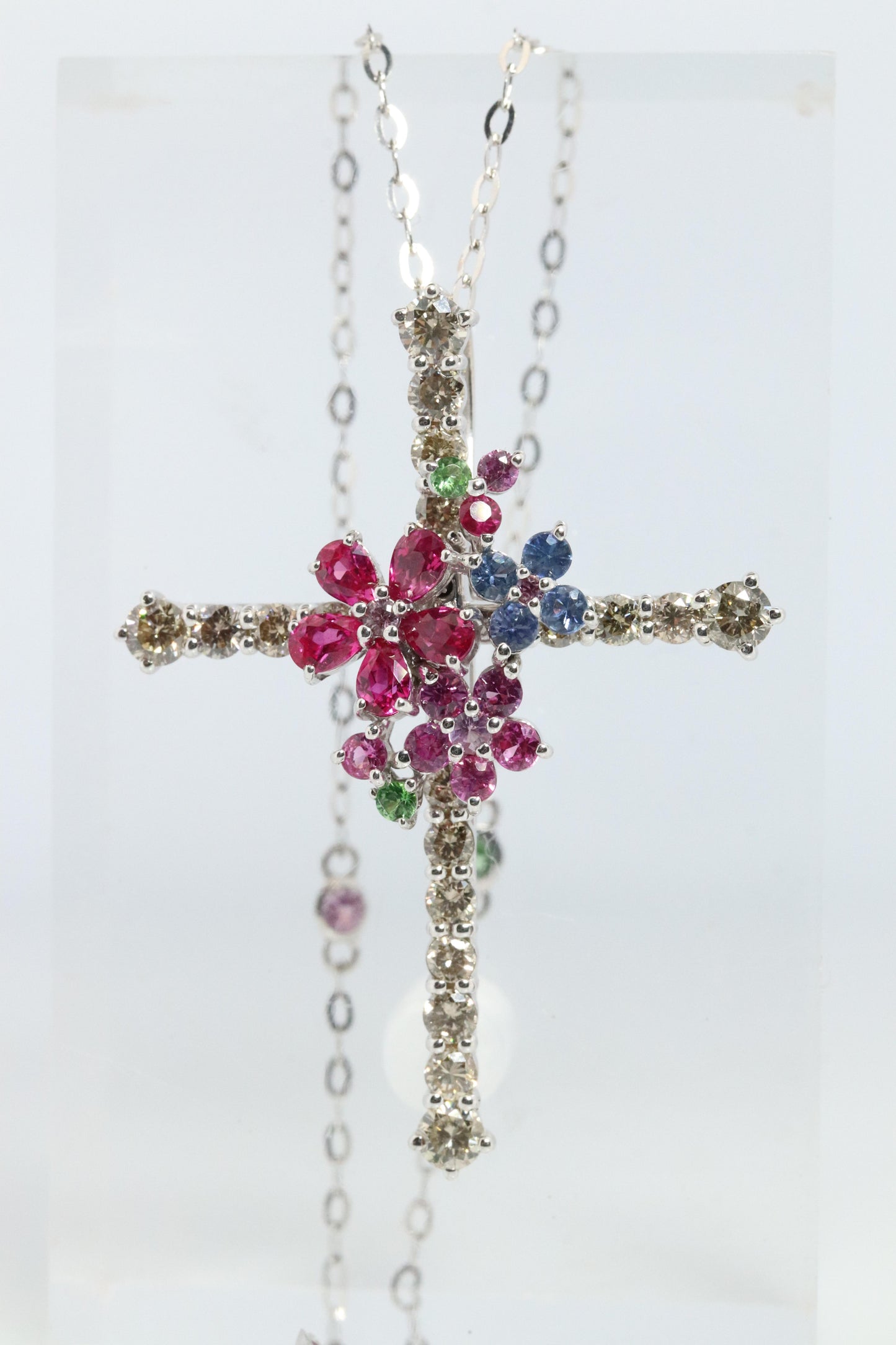 18k Diamond Sapphire Flower Crucifix Pendant. 18k WG Multicolor Cross Necklace.