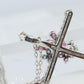 18k Diamond Sapphire Flower Crucifix Pendant. 18k WG Multicolor Cross Necklace.