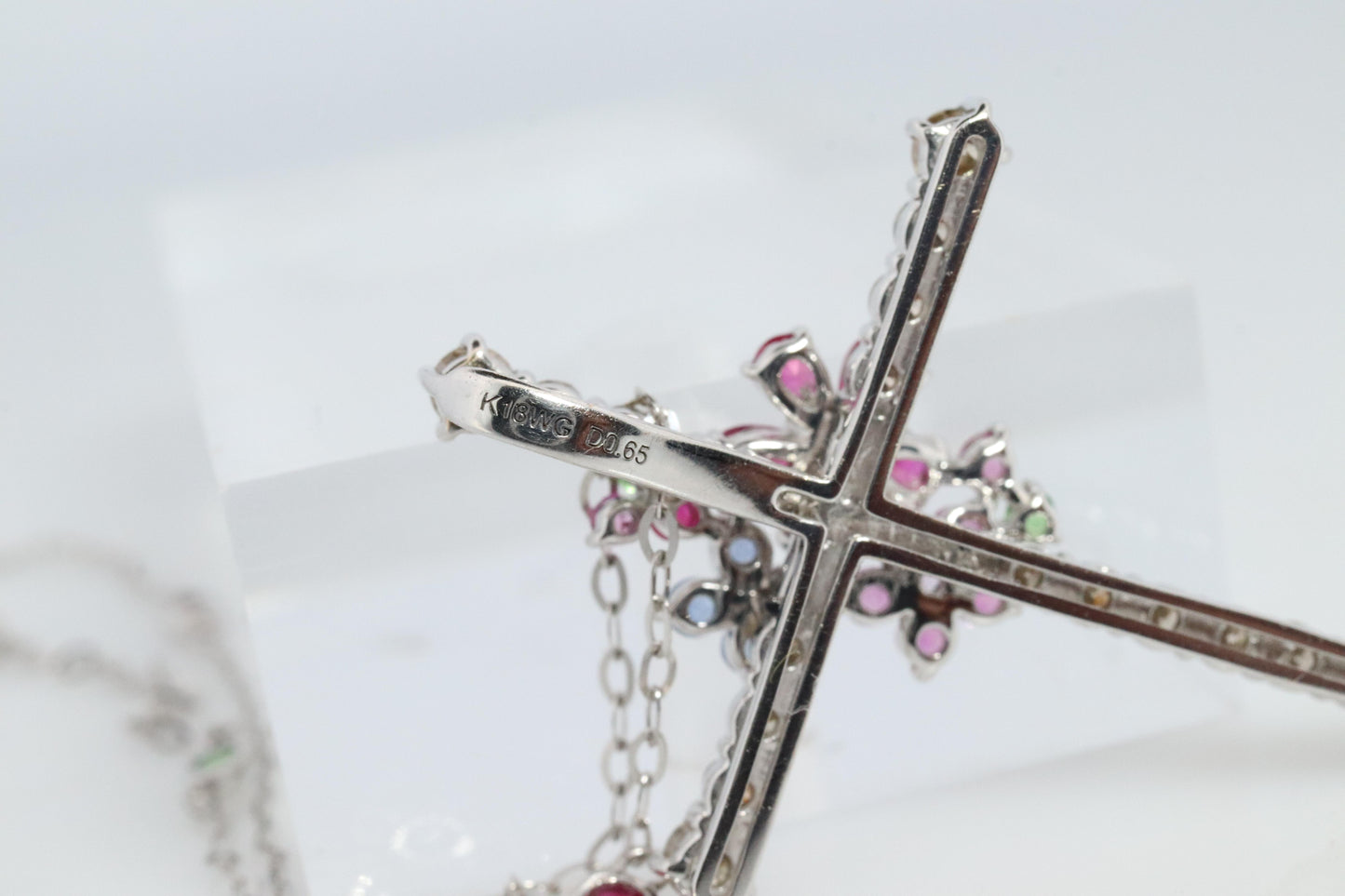 18k Diamond Sapphire Flower Crucifix Pendant. 18k WG Multicolor Cross Necklace.