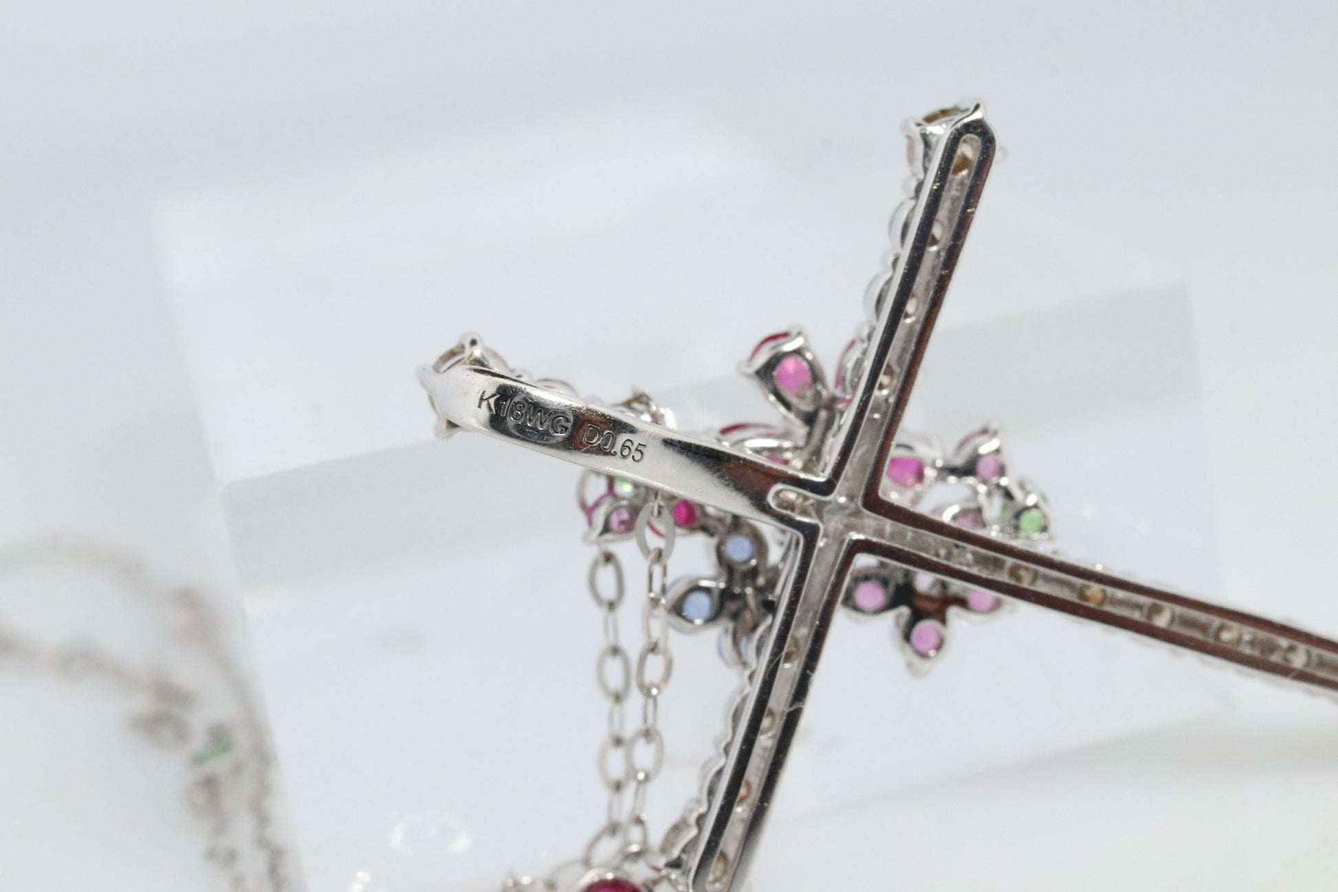 18k Diamond Sapphire Flower Crucifix Pendant. 18k WG Multicolor Cross Necklace.
