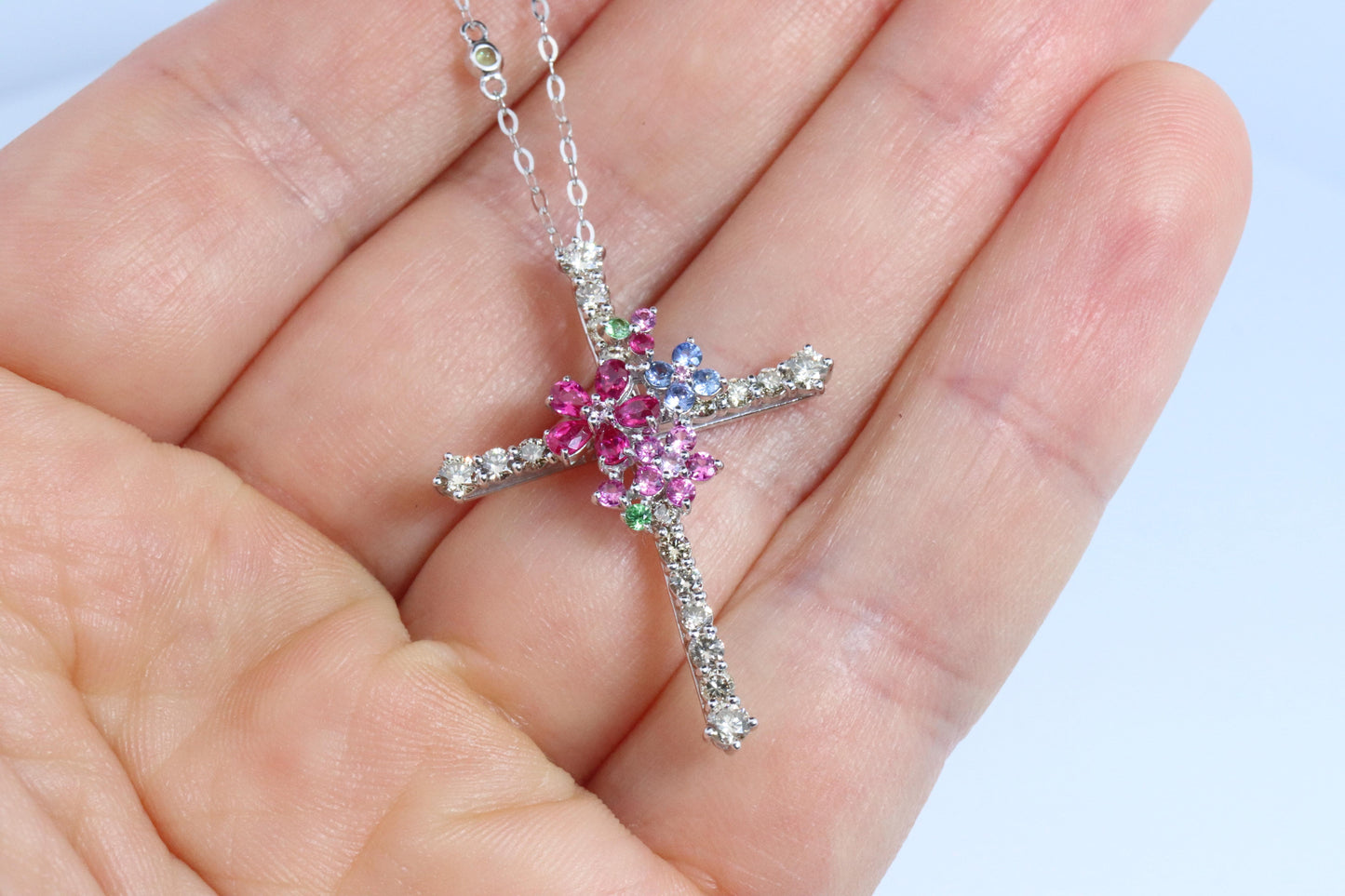 18k Diamond Sapphire Flower Crucifix Pendant. 18k WG Multicolor Cross Necklace.