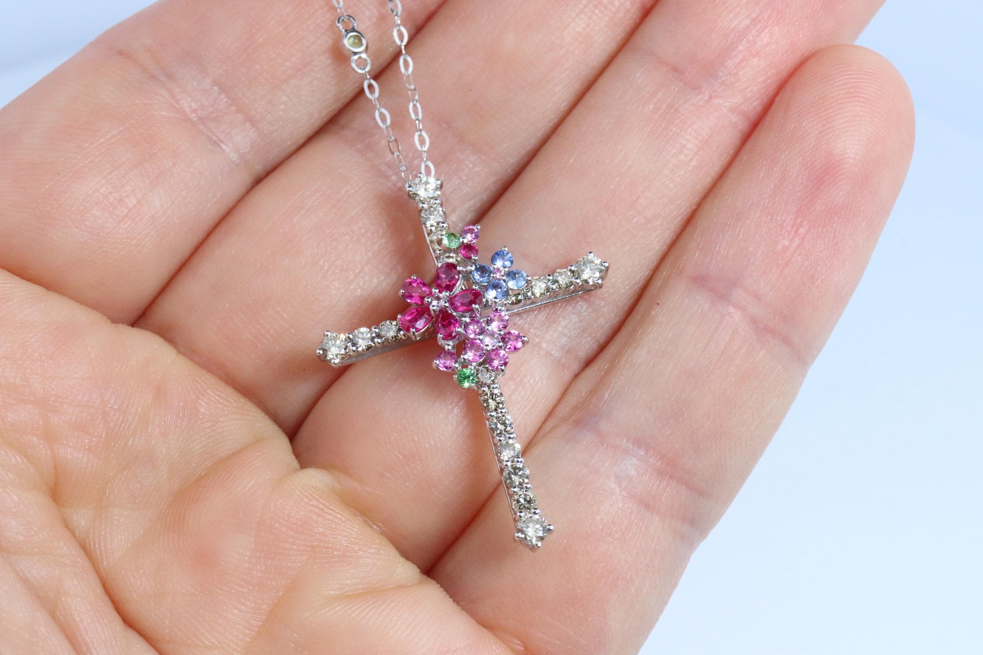 18k Diamond Sapphire Flower Crucifix Pendant. 18k WG Multicolor Cross Necklace.