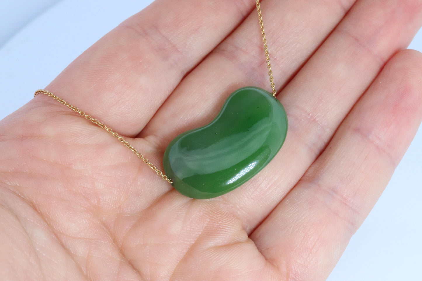 Tiffany & Co. Jade 18k Gold Chain and Bean Pendant Necklace. Nephrite Jade Bean