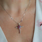 18k Diamond Sapphire Flower Crucifix Pendant. 18k WG Multicolor Cross Necklace.