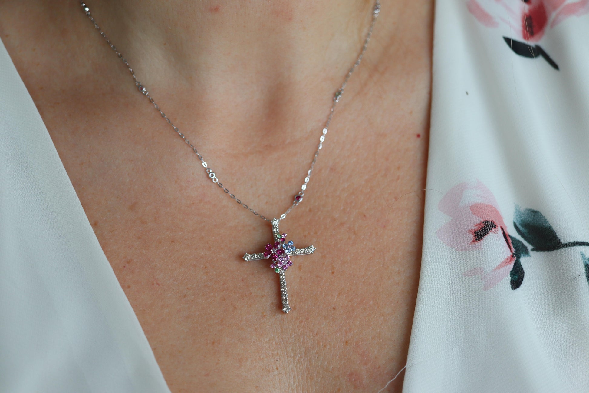18k Diamond Sapphire Flower Crucifix Pendant. 18k WG Multicolor Cross Necklace.