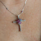 18k Diamond Sapphire Flower Crucifix Pendant. 18k WG Multicolor Cross Necklace.