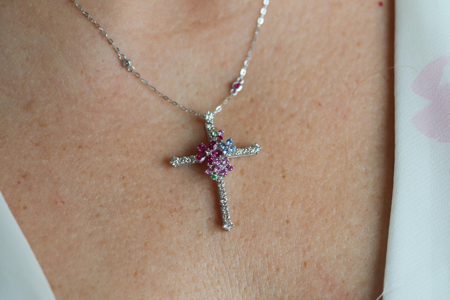 18k Diamond Sapphire Flower Crucifix Pendant. 18k WG Multicolor Cross Necklace.