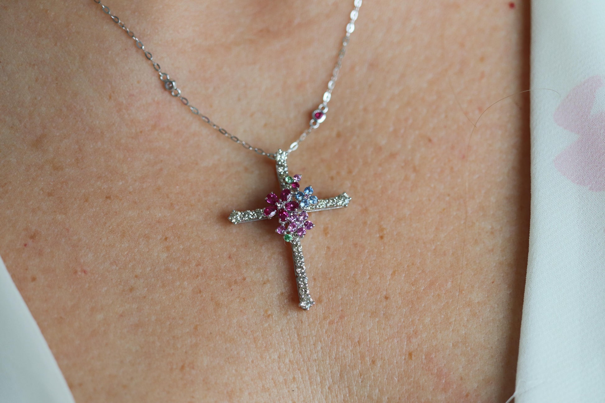 18k Diamond Sapphire Flower Crucifix Pendant. 18k WG Multicolor Cross Necklace.
