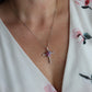 18k Diamond Sapphire Flower Crucifix Pendant. 18k WG Multicolor Cross Necklace.