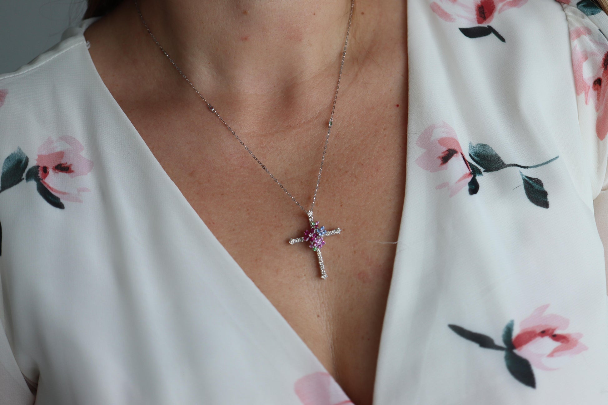 18k Diamond Sapphire Flower Crucifix Pendant. 18k WG Multicolor Cross Necklace.