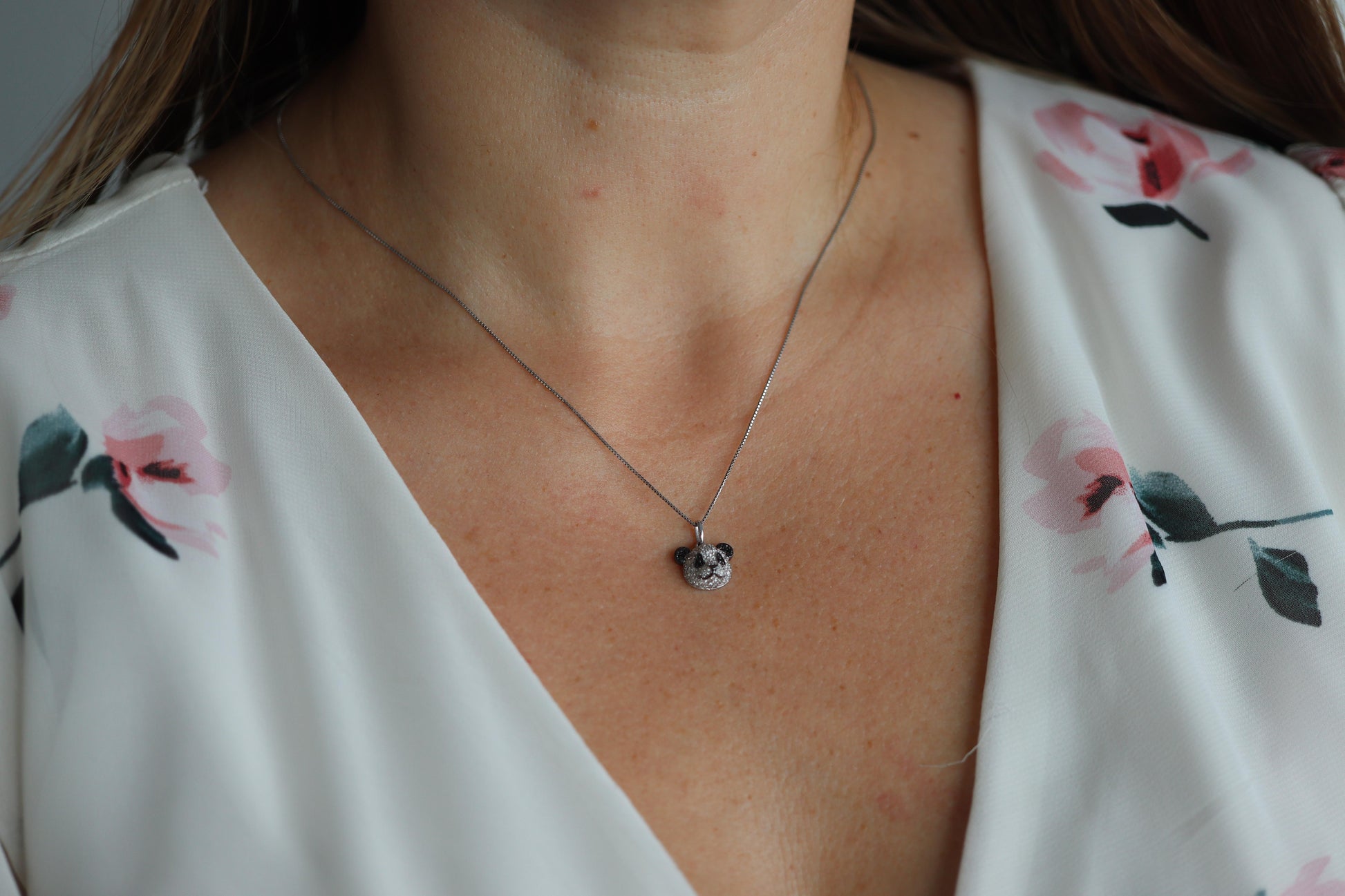 18k Panda Face Pendant. 18k WG Diamond 3D Diamond Head Necklace