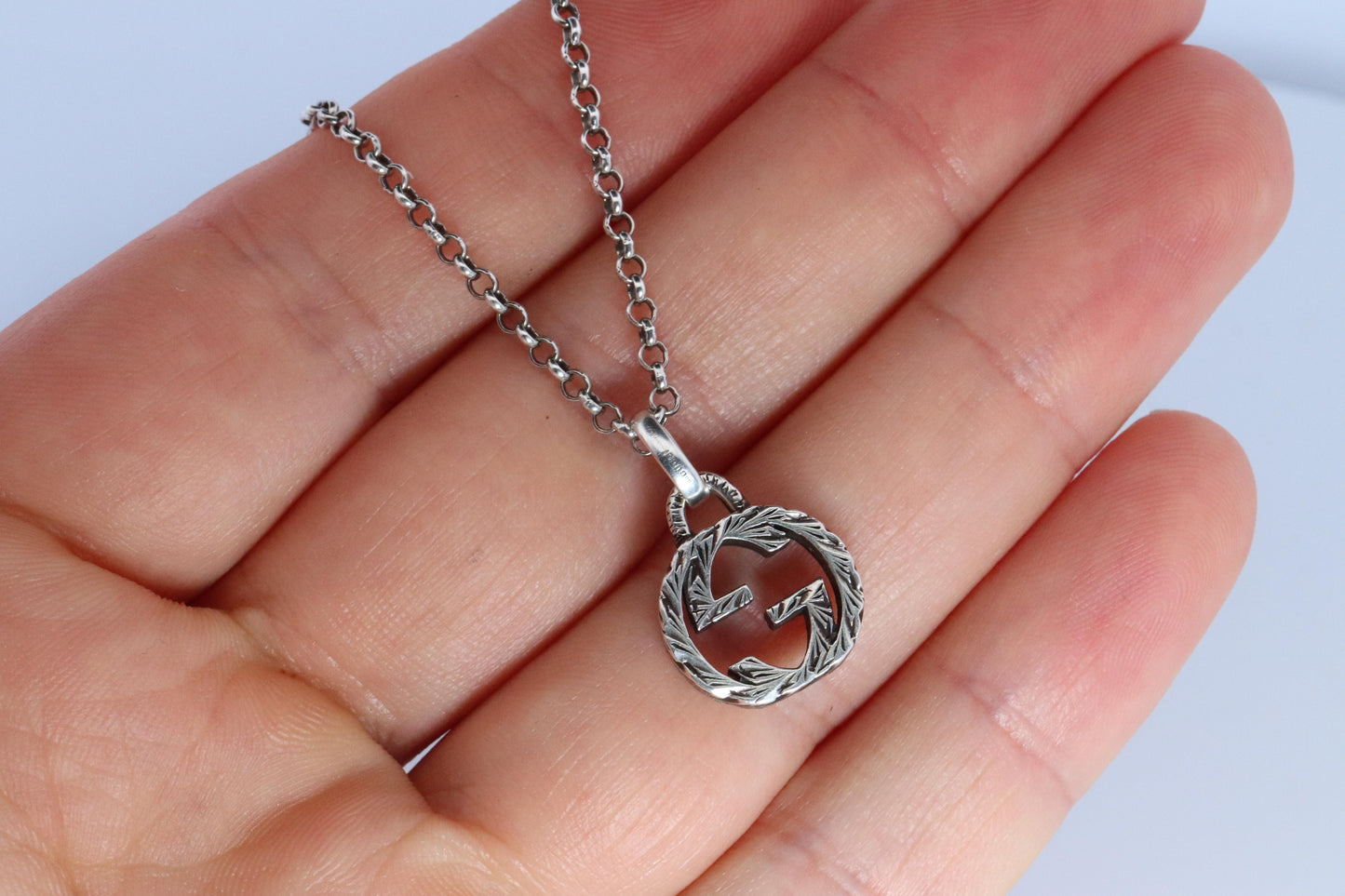 Vintage GUCCI Necklace. Double G Gucci Logo Sterling Silver Pendant