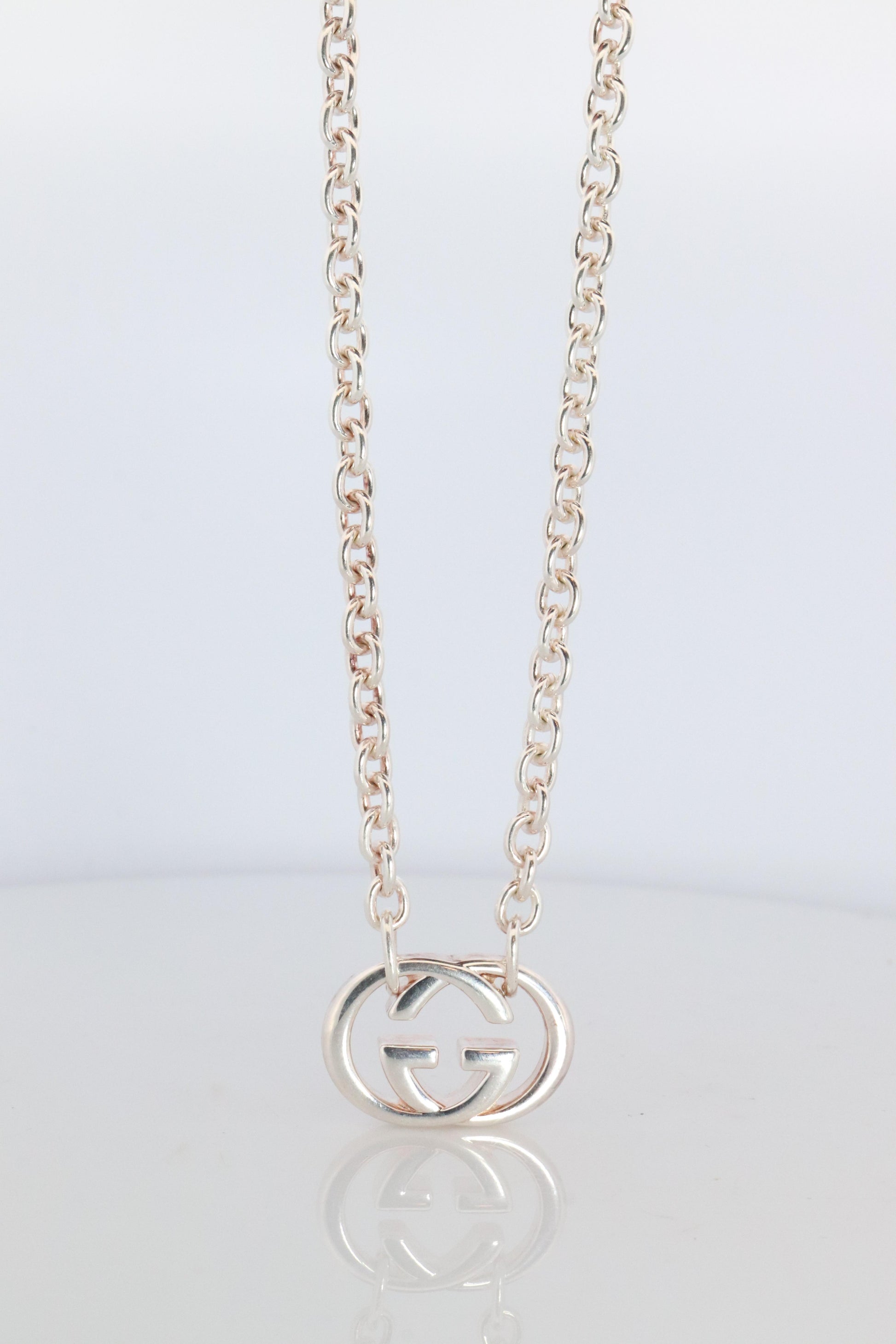 Vintage GUCCI Necklace. Double G Gucci Logo Sterling Silver Pendant