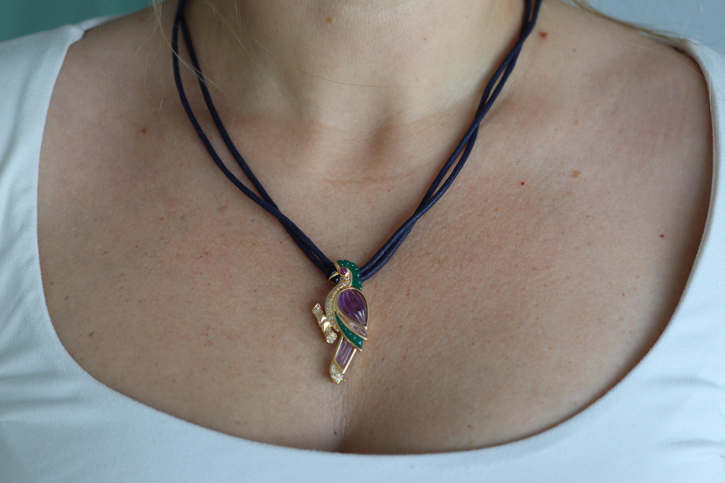 18k Parrot Colorful Pendant, Necklace Brooch. Diamond Ruby Onyx Amethyst Bird