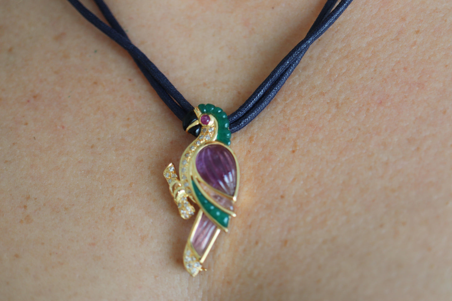 18k Parrot Colorful Pendant, Necklace Brooch. Diamond Ruby Onyx Amethyst Bird