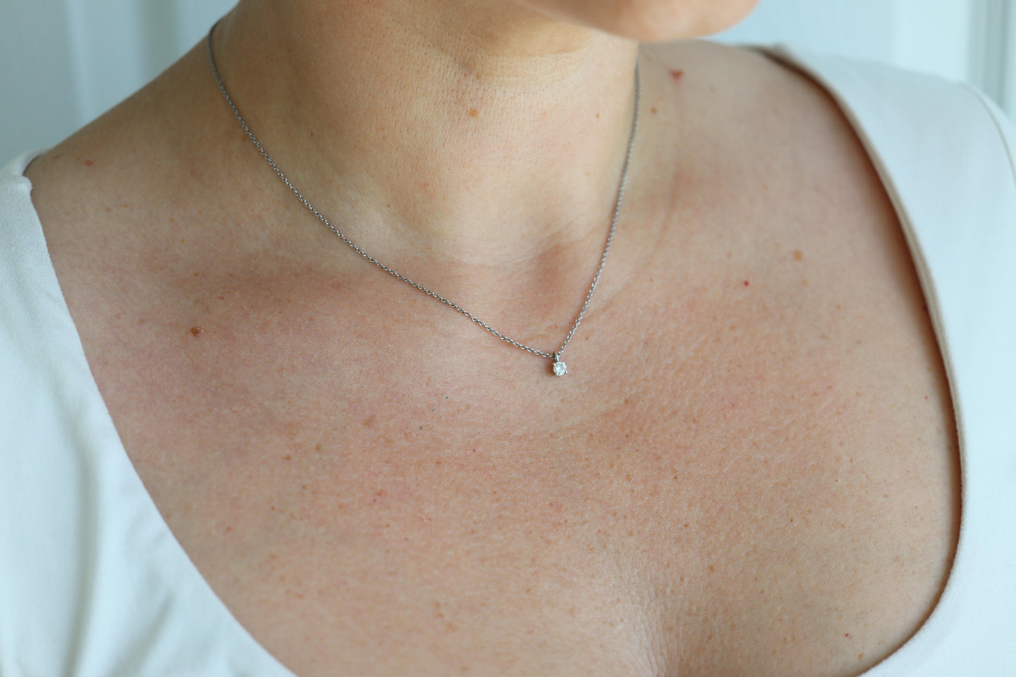 Tiffany Co Diamond Solitaire Necklace. Platinum 0.15ct Diamond Pendant.